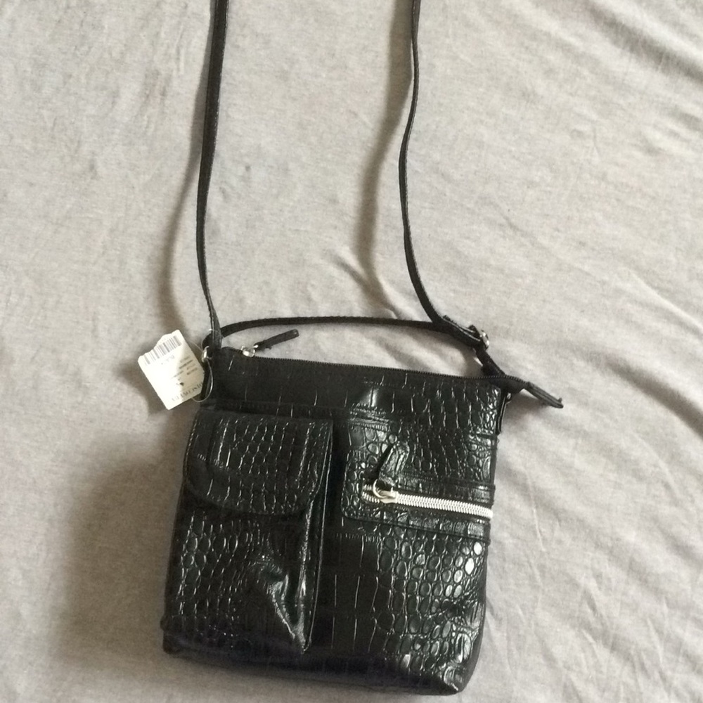 NWT Black Discovery faux alligator skin purse